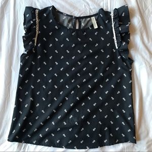 West Moon Navy and White Pattern Ruffled Blouse, estimated size Small